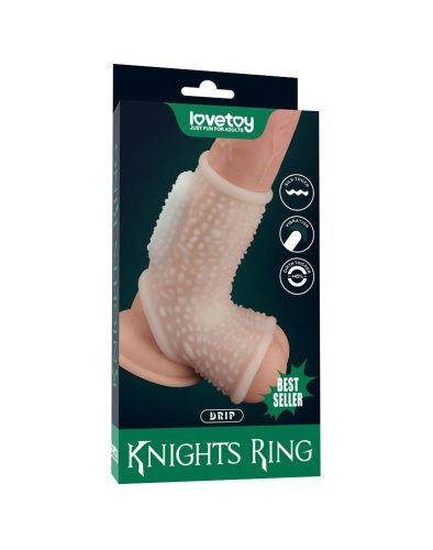 LoveToy Vibrating Drip Knights Ring with Scrotum Sleeve - стимулирующая вибронасадка на член, 13 см (белый) - sex-shop.ua